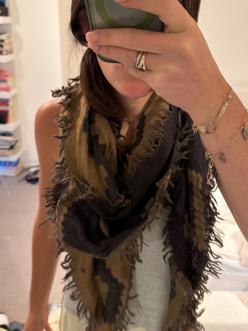 Wilfred Olive Green and Black Fringed Infinity Scarf